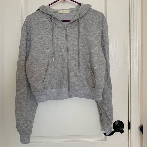 Milanpavilion Zip Up Cropped Grey Drawstring Hoodie Jacket Casual Long Sleeve - Picture 4 of 15